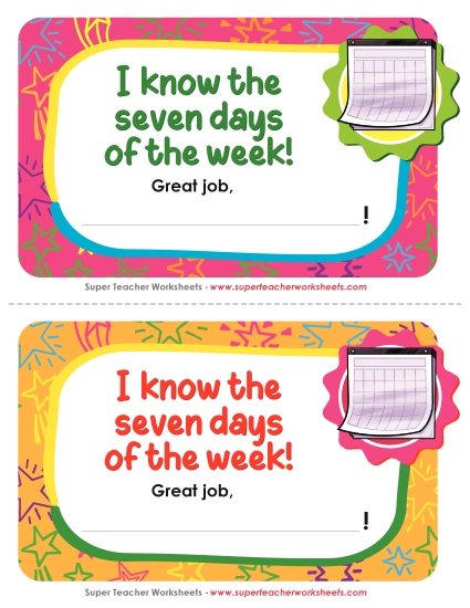 Pre-K and K Math Awards - I know the 7 days of the week! Pre-K and K Math Awards - I know the 7 days of the week!