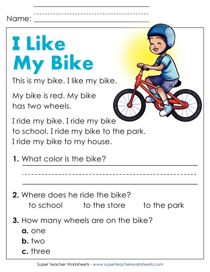 Reading Comprehension and  Additional ELA Skills - I Like My Bike