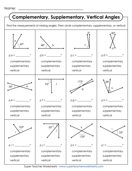 Complementary, Supplementary, & Vertical Angles - Identify Complementary, Supplementary, & Vertical