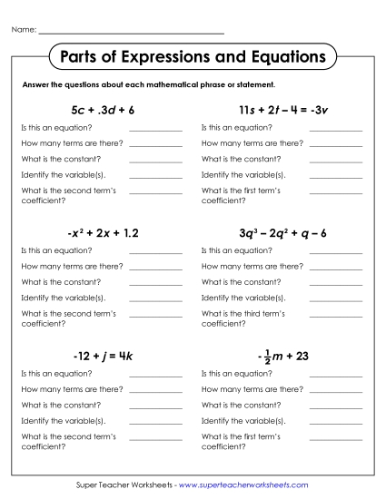 Key Terms - Identify Parts of Expressions & Equations Key Terms - Identify Parts of Expressions & Equations