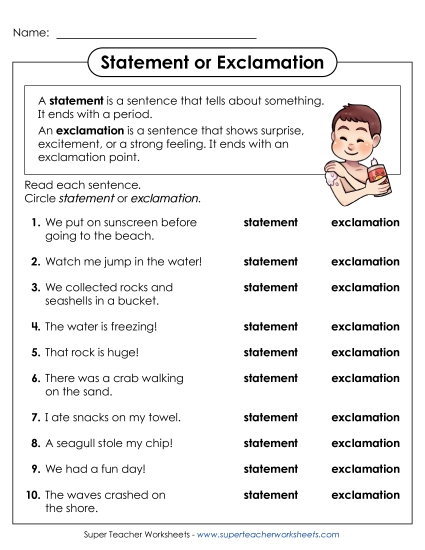 Identifying Sentence Types - Identify Statements and Exclamations (Printable PDF Worksheet)