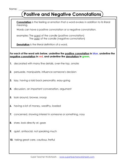 Worksheets - Identify the Connotations and Denotation 