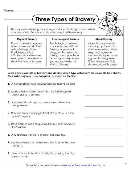 Bravery - Identify the Three Types of Bravery (Printable PDF Worksheet)
