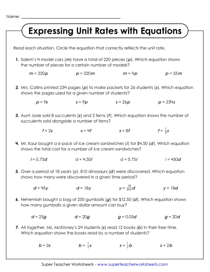 Unit Rates as Equations - Identify Unit Rate Equations