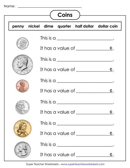 All Coins (Incl. Half Dollars & Dollars) - Identifying Coins: Fill in the Blanks