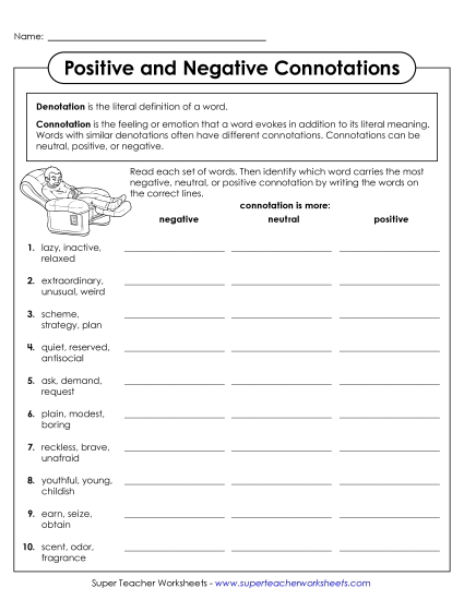 Identifying Positive & Negative Connotation - Identifying Positive, Neutral, and Negative Connotations (Printable PDF Worksheet)