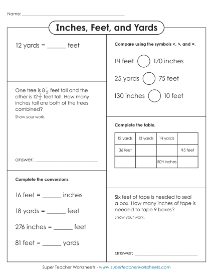 Conversions & Unit Comparisons - Inches, Feet, and Yards Variety Worksheet (Advanced)