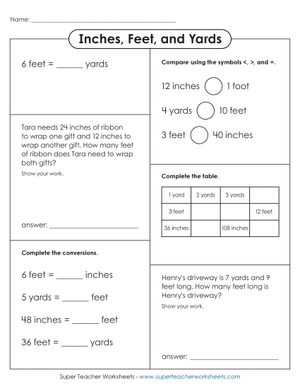 Conversions & Unit Comparisons - Inches, Feet, and Yards Variety Worksheet (Basic) Conversions & Unit Comparisons - Inches, Feet, and Yards Variety Worksheet (Basic)