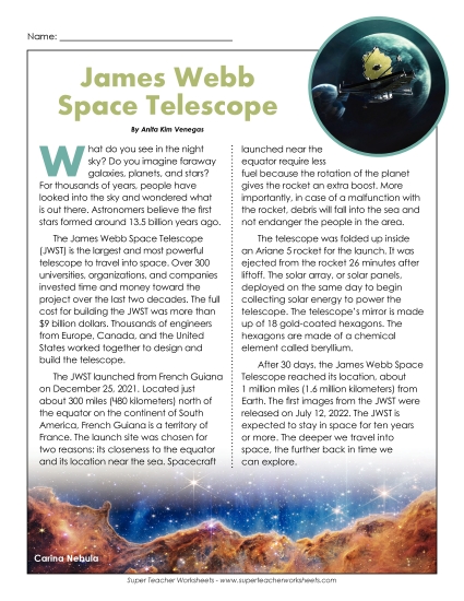 Articles with Questions - James Webb Space Telescope Article & Questions
