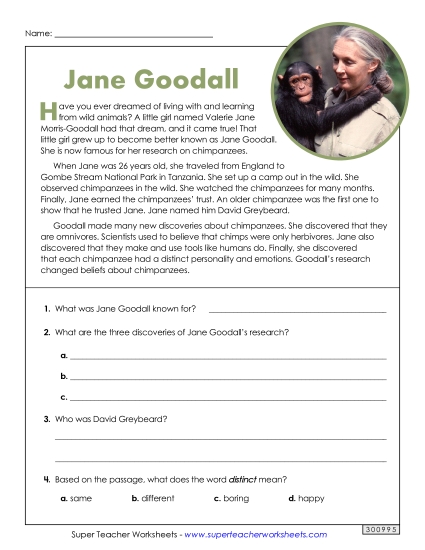 Reading Comprehension Articles - Jane Goodall (Short Passage)