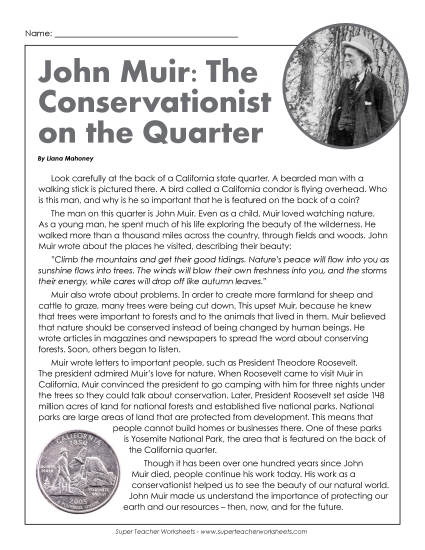 Reading Comprehension - John Muir: Conservationist on a Quarter Reading Comprehension - John Muir: Conservationist on a Quarter