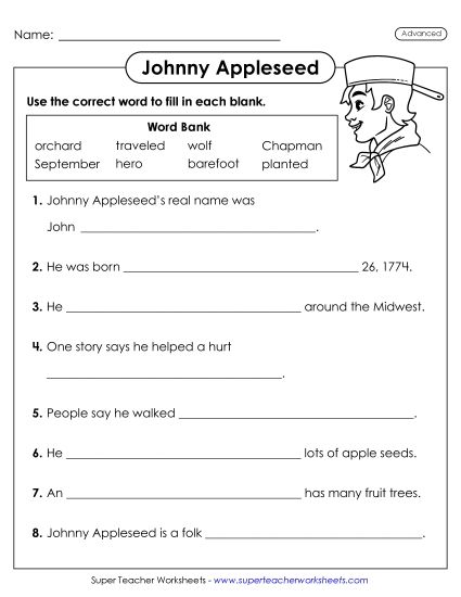 Johnny Appleseed Worksheets - Johnny Appleseed Cloze (Advanced) Johnny Appleseed Worksheets - Johnny Appleseed Cloze (Advanced)
