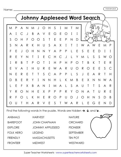 Johnny Appleseed Puzzles - Johnny Appleseed Word Search (Advanced) Johnny Appleseed Puzzles - Johnny Appleseed Word Search (Advanced)