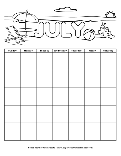 Blank Calendars for Kids - July Calendar (Blank) Blank Calendars for Kids - July Calendar (Blank)