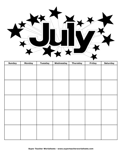 Blank Calendars for Kids - July Calendar (Stars) Blank Calendars for Kids - July Calendar (Stars)