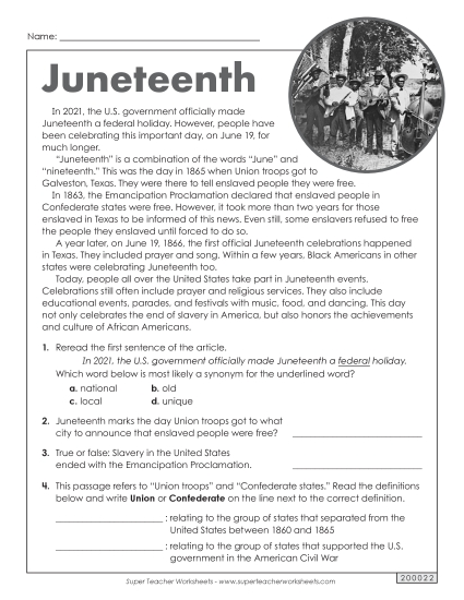 Reading Comprehension - Juneteenth