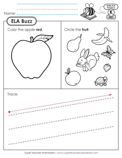 Kindergarten ELA Buzz: Week 1 Worksheets 1 through 5 (Printable PDF Worksheet)