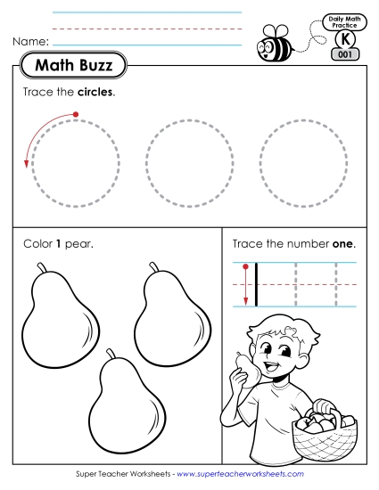 Kindergarten Math Buzz: Week 1 Worksheets 1 through 5 (Printable PDF Worksheet)