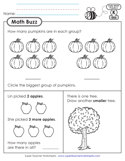 Kindergarten Math Buzz: Week 14 Worksheets 66 through 70 (Printable PDF Worksheet)