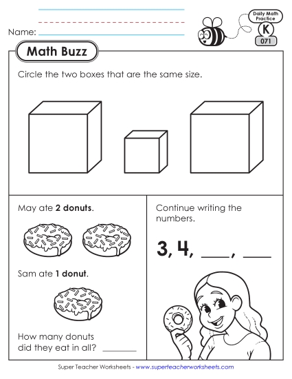 Kindergarten Math Buzz: Week 15  Worksheets 71 through 75 (Printable PDF Worksheet)