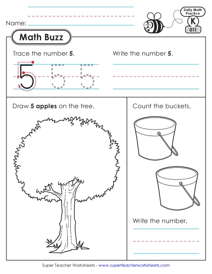 Kindergarten Math Buzz: Week 3 Worksheets 11 through 15 (Printable PDF Worksheet)