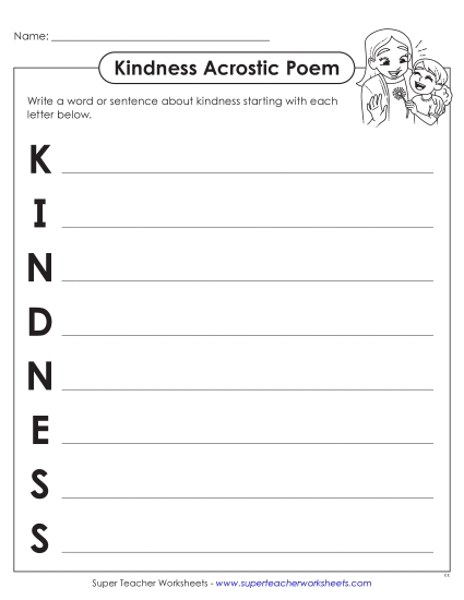 Kindness - Kindness Acrostic Poem (Printable PDF Worksheet)