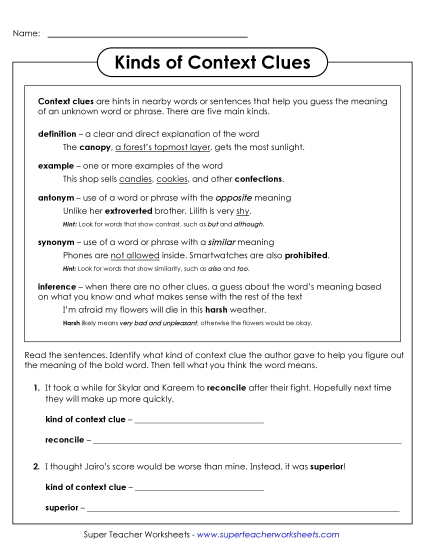 Types of Context Clues - Kinds of Context Clues (Printable PDF Worksheet)