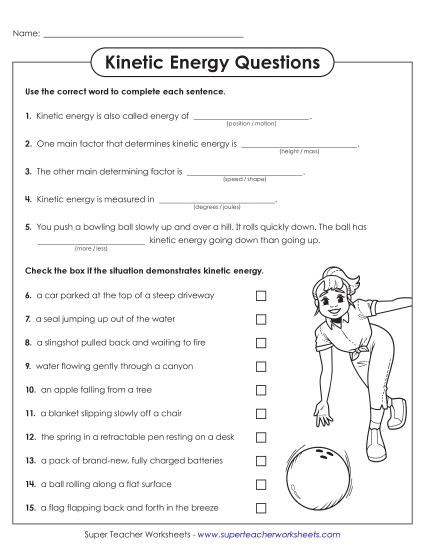 Potential & Kinetic Energy - Kinetic Energy Questions (Printable PDF Worksheet)