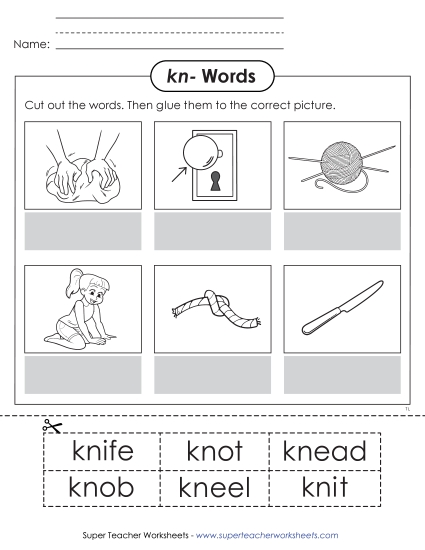 Cut & Paste Activities - Kn- Words: Picture Matching Cut & Glue (Printable PDF Worksheet)