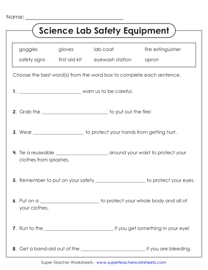 Lab Safety Equipment - Lab Safety Equipment Cloze (Basic) (Printable PDF Worksheet)