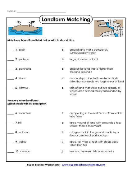 Landform Match Worksheet Landform Match Worksheet