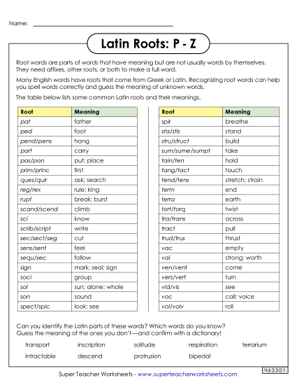 Reference Sheets - Latin Roots Reference Sheet: P Through Z Reference Sheets - Latin Roots Reference Sheet: P Through Z