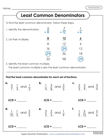 Three Fractions - LCD Worksheet with Steps (3 Fractions)