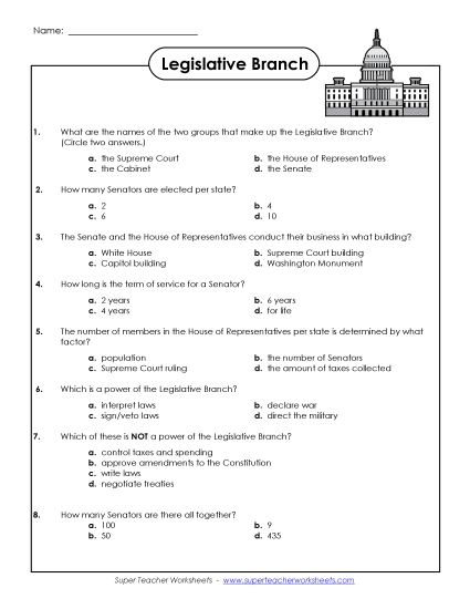Worksheets - Legislative Branch Questions