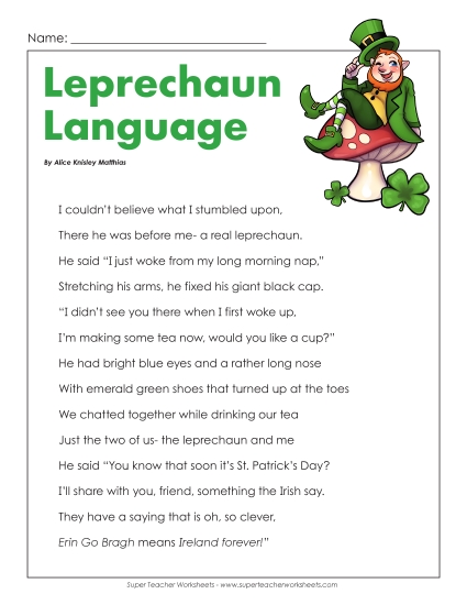 Holiday Poems - Leprechaun Language (St. Patrick's Day)