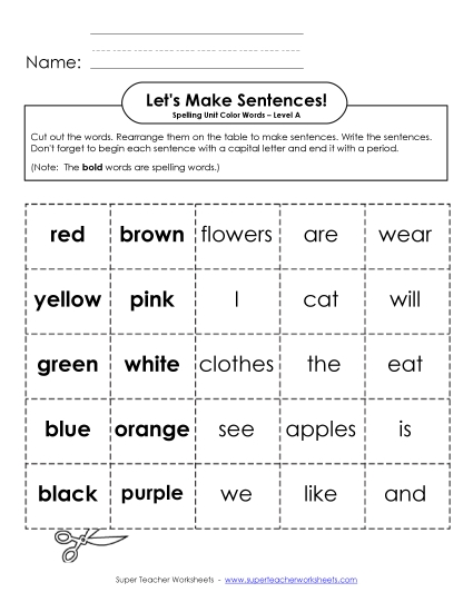 Worksheets and Activities  - Let's Build Sentences (A-Color Words)