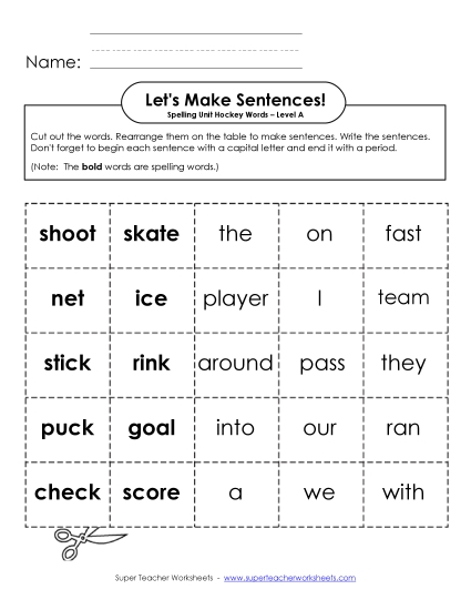 Worksheets and Activities - Let's Build Sentences (A-Hockey Words) Worksheets and Activities - Let's Build Sentences (A-Hockey Words)