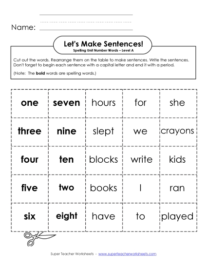 Worksheets and Activities - Let's Build Sentences (A-Number Words)