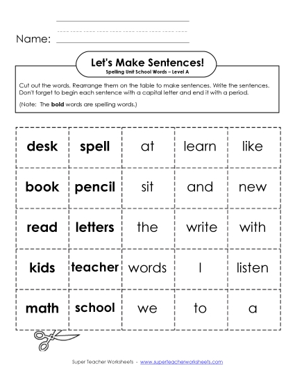 Worksheets and Activities - Let's Build Sentences (A-School Words) Worksheets and Activities - Let's Build Sentences (A-School Words)