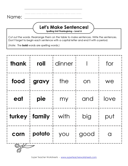 Worksheets - Let's Build Sentences (A-Thanksgiving) 