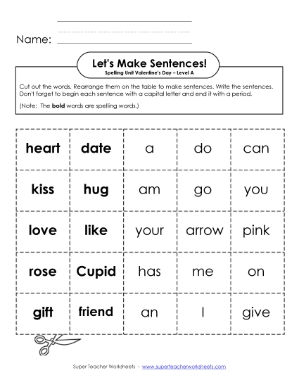 Worksheets and Activities - Let's Build Sentences (A-Valentine's Day)