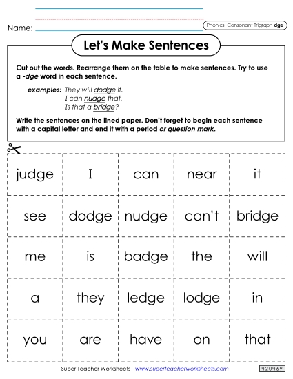 Games and Learning Centers - Let's Make Sentences (-dge)