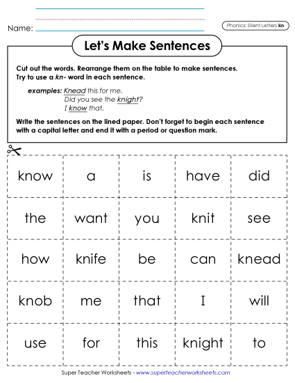 Classroom Games & Activities - Let's Make Sentences (Kn-) (Printable PDF Worksheet)