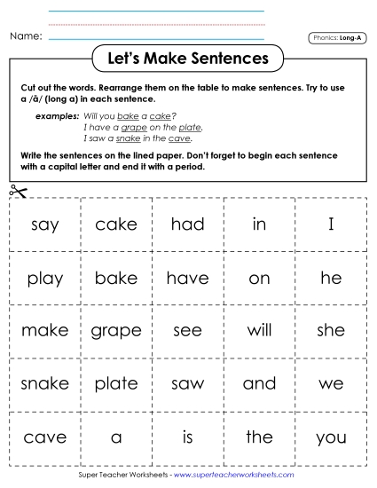 Games & Learning Centers - Let's Make Sentences: Long A Words