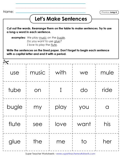 Games & Learning Centers - Let's Make Sentences: Long U Words