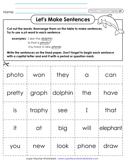 Classroom Games, Activities, and Learning Centers - Let's Make Sentences (ph Words) (Printable PDF Worksheet)