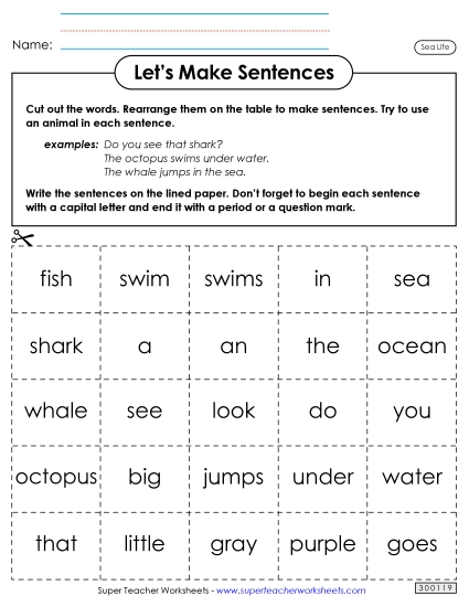 Worksheets & Activities - Let's Make Sentences: Sea Life