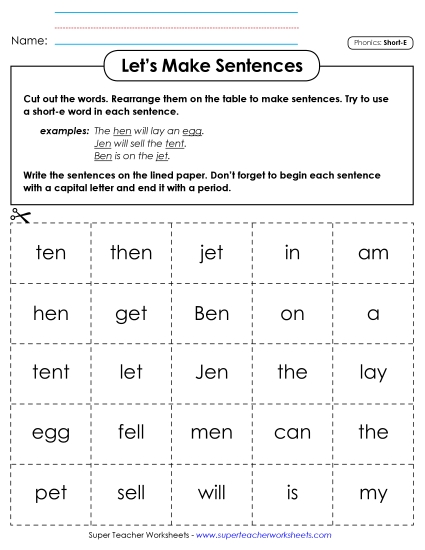 Games & Learning Centers - Let's Make Sentences: Short E Words