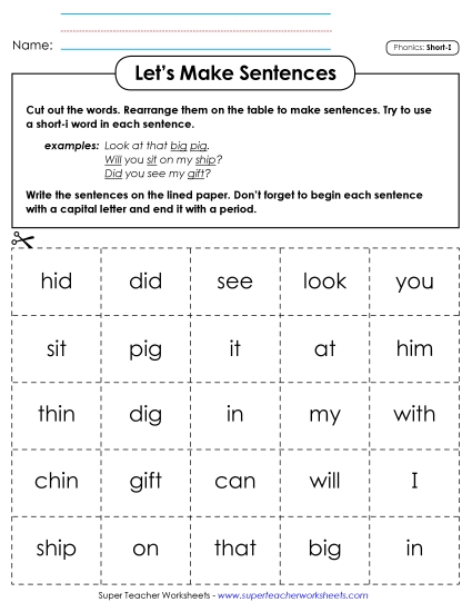 Games and Learning Centers - Let's Make Sentences: Short I Words