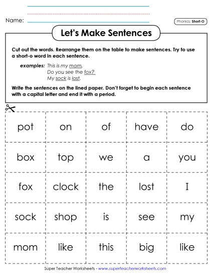 Games & Learning Centers - Let's Make Sentences: Short O Words